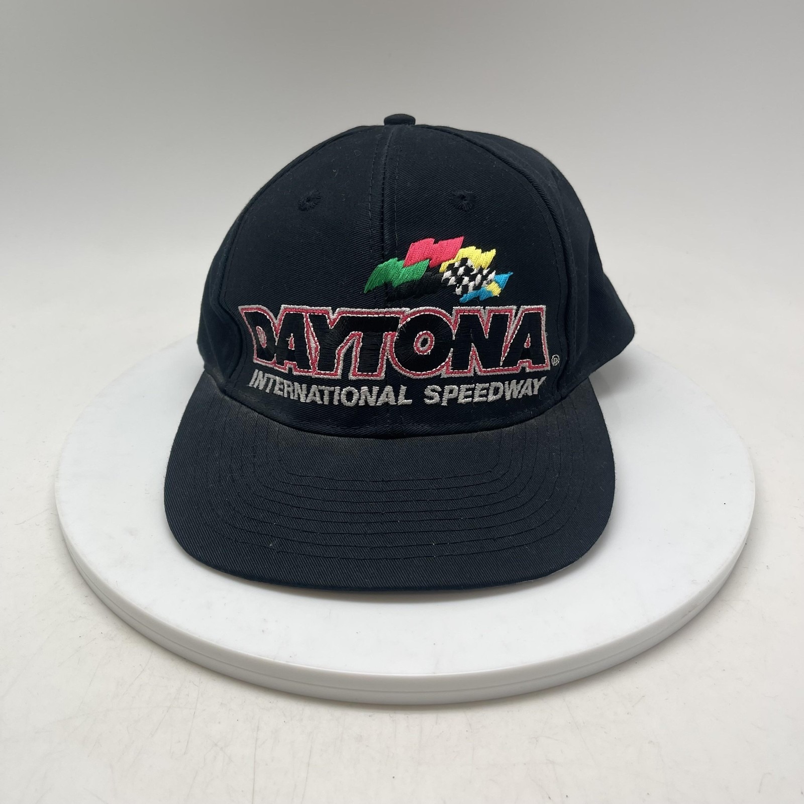 Vintage Daytona Intl Speedway Hat Cap Strap Back Black Nascar Top Of World Mens
